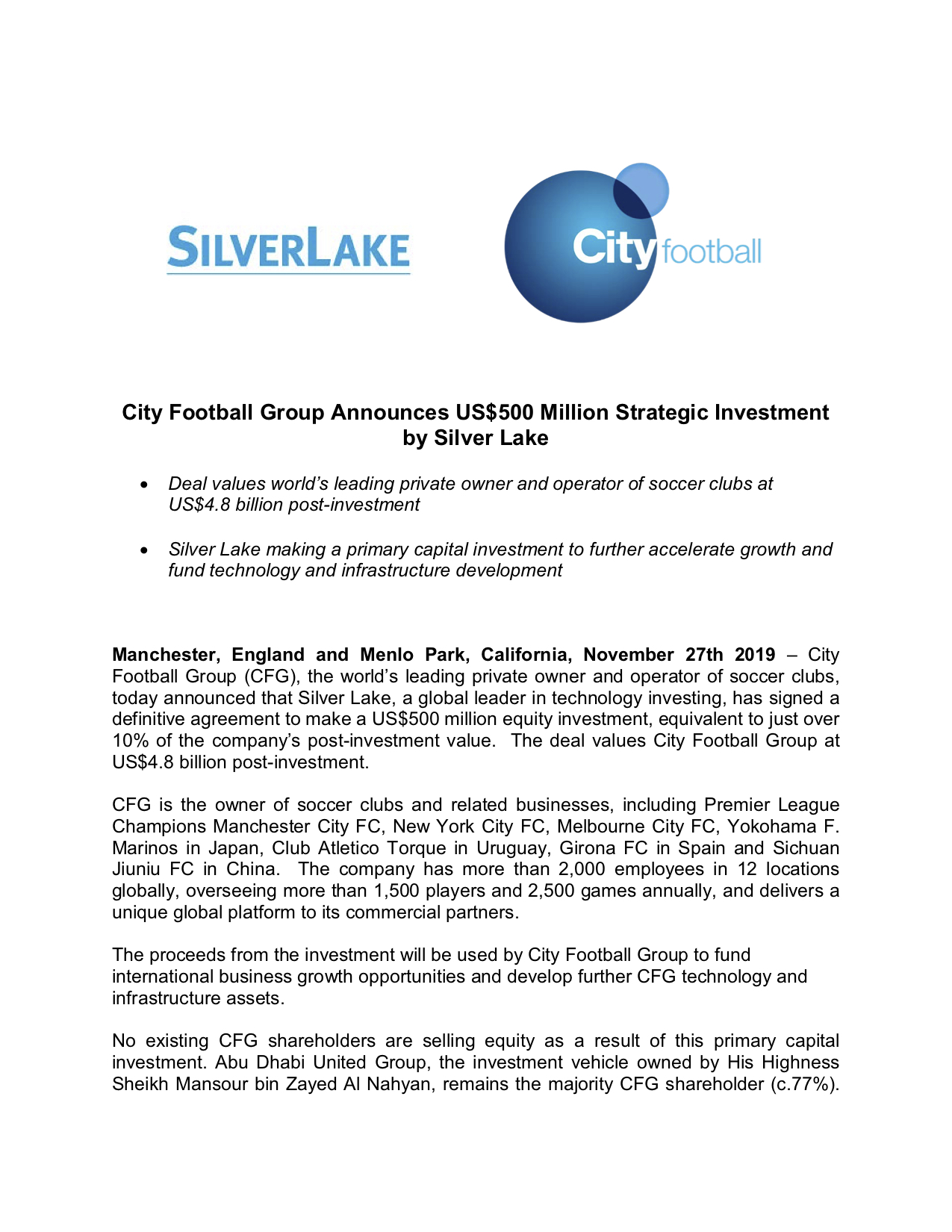 Le communiqué de Silver Lake suite au rapprochement du fond avec City Football Group