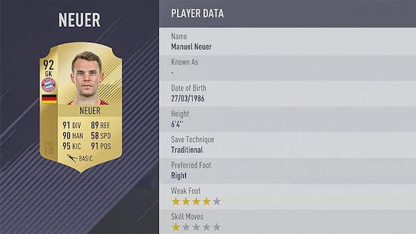 Les fiches des joueurs du onze le mieux noté sur FIFA 18 : Manuel Neuer (Bayern Munich)
